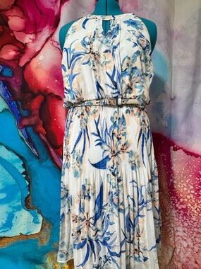 Alfani White Maxi Dress with Blue and Peach Floral Print